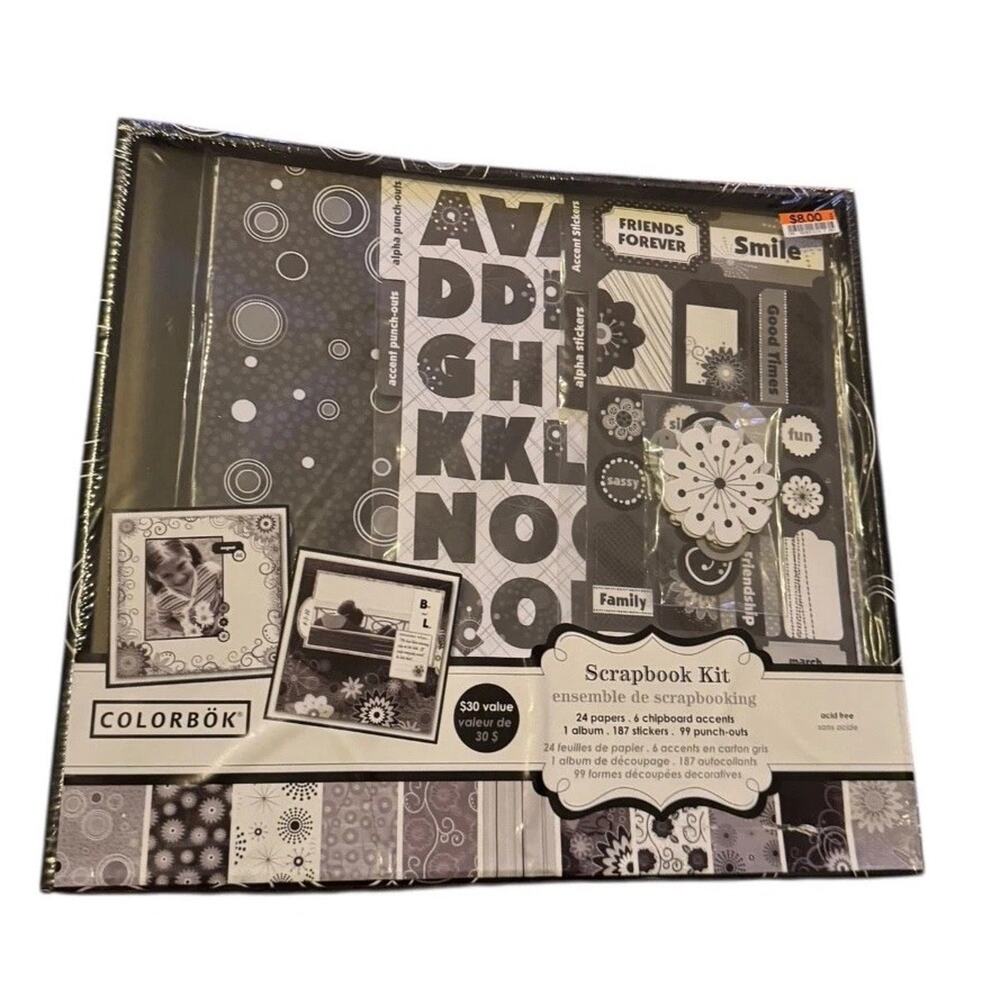 Colorbok Scrapbook Kit Black Retro 12x12 Album Papers Stickers Chipboard Accents